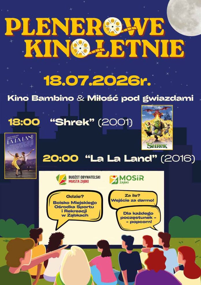 Kino plenerowe w Ząbkach już 18 lipca. „Shrek” i „La La Land” pod gwiazdami, wstęp wolny