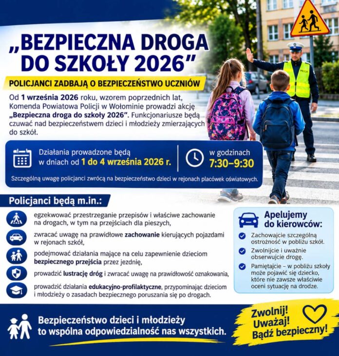 Bezpieczna droga do szkoły 2026. Policjanci pojawią się przy szkołach w powiecie wołomińskim